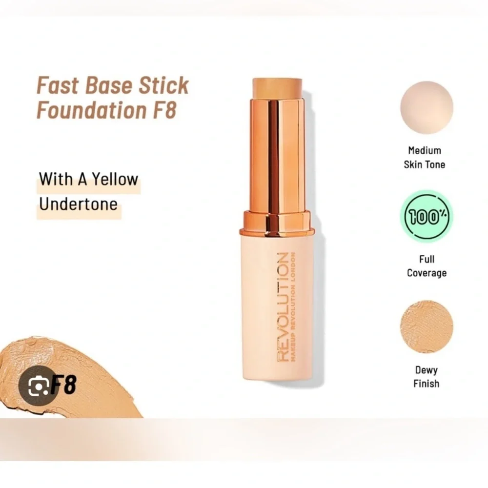 Makeup Revolution Fast Base Stick Foundation F8 Medium Yellow Undertone Dewy